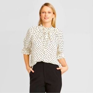 WHO WHAT WEAR Tie Neck Blouse With Painted Dots Size L